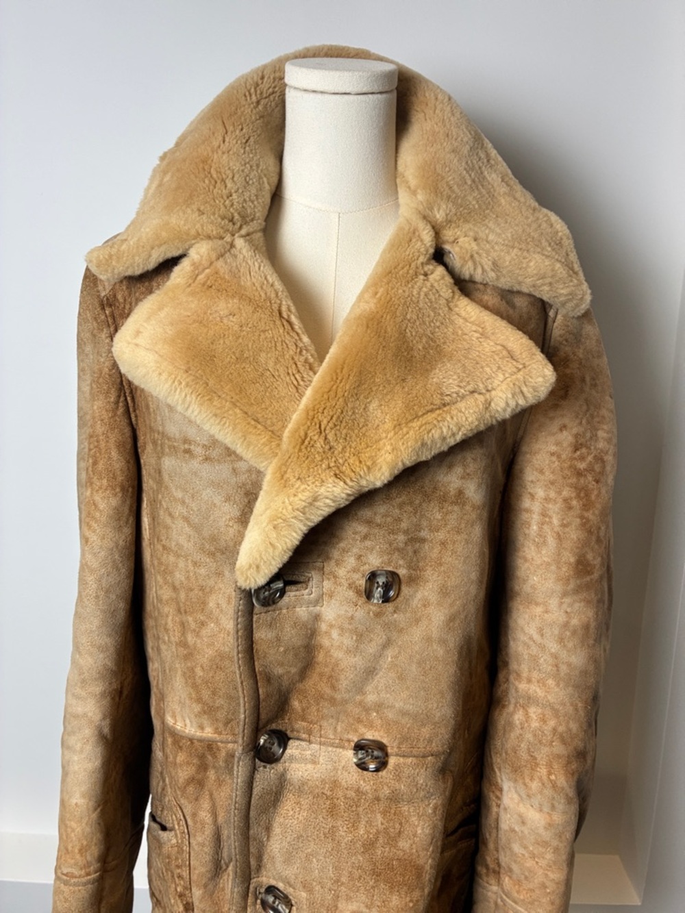 Vintage STUNNING Tan Shearling Pea Coat with Plush Collar